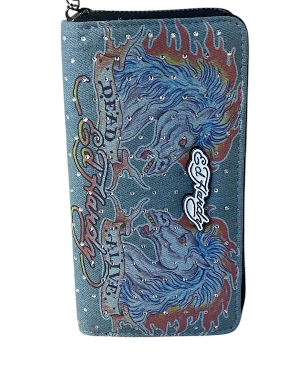 Ed Hardy Blue Graphic Zip Wristlet with Flame Horse Motif NWT